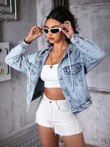 SHEIN Frenchy 简约时尚的女士牛仔夹克，适合夏季 - 淺色水洗藍 - 查看 5