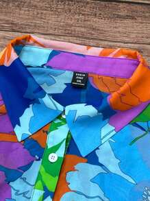 EMERY ROSE Plus Size Women Chiffon Button Down Short Sleeve Floral Printed Casual Shirt, For Spring/Summer, Suitable For Daily Wear And Vacation Mardi Gras - Blue - View 4