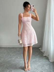 Selianne 无肩带高腰 A 字形优雅浪漫女式连衣裙 - 淺粉色 - 查看 3