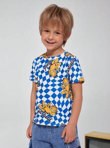 GARFIELD | SHEIN Camiseta de cuello redondo de punto con estampado de dibujos animados a cuadros para niño joven - Multicolor - Ver 4