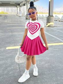 2pcs/Set Tween Girl Heart Print Short Sleeve Top And Pleated Hem Skirt, Casual Outfit