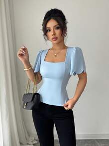 Elenzga 时尚法式纯色贝壳边泡泡袖短款上衣，优雅泡泡袖方领修身 T 恤 - 淺藍色 - 查看 5