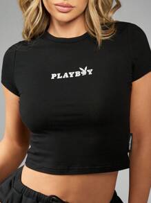 Missguided x Playboy 婴儿短袖 T 恤短款上衣休闲经典金属徽标印花棉混纺街头时尚基本款家居服 Y2K 风格 - 黑色 - 查看 6