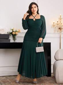 Modelyn Plus Size Women Solid Color Cross-Front Ruched Lantern Sleeve Fishtail Hem Elegant Dress - Dark Green - View 6