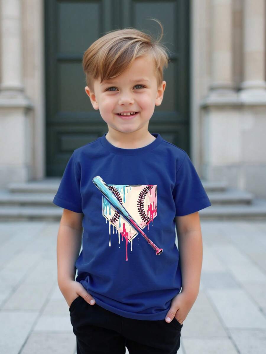 Camiseta de manga corta con cuello redondo y gráfico de béisbol azul para niño joven - Azul - Ver 1