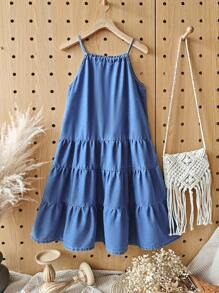 TWEEN GIRL 休闲度假 BOHO 都市休闲度假连衣裙，圆领，系带。后背纽扣式泪珠开合，带弹性细节。分层细节。 - 淺色水洗藍 - 查看 3