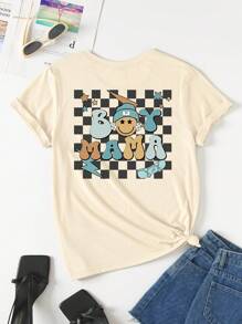 女士休闲时尚创意棋盘格、卡通笑脸、滑板图案、搞笑口号印花基本款短袖 T 恤 - 杏色 - 查看 4