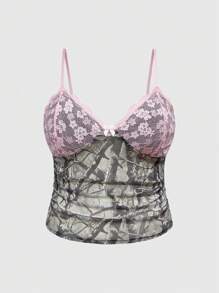 ROMWE Summer Tops Plus Size Women's Tree Branch Print Lace Splice Fashion Camisole - Multicolor - View 1