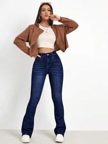 Jeanoix Washed Denim Blue High Waist Bleach Wash Flare Leg Jeans Women Jeans High Waisted - Dark Wash - View 3