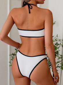 SHEIN 2 Pieces Women Summer Beach Vacation Solid Color Black & White Metal Accessory Halter Top And Bikini Bottoms Set - Black and White - View 5