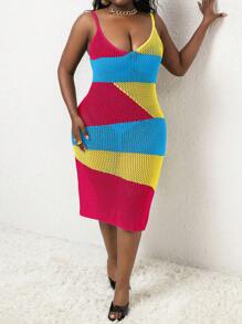 Slaydiva Plus Size Multi-Color Contrast Straps Long Knitted Cover Up With Brazil Carnival Elements