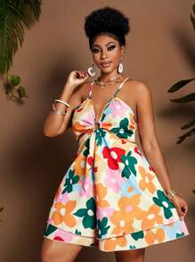 Maweii Plus Size Women's Elegant Multi-Color Printed Halter V-Neck Waist Hollow Out Backless Ruffle Wide Leg Jumpsuit, Vacation Style, Spring/Summer