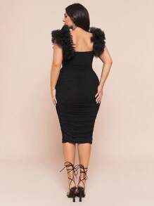 SHEIN BAE 大码女式黑色钢圈网眼装饰中长连衣裙，毕业季 - 黑色 - 查看 2