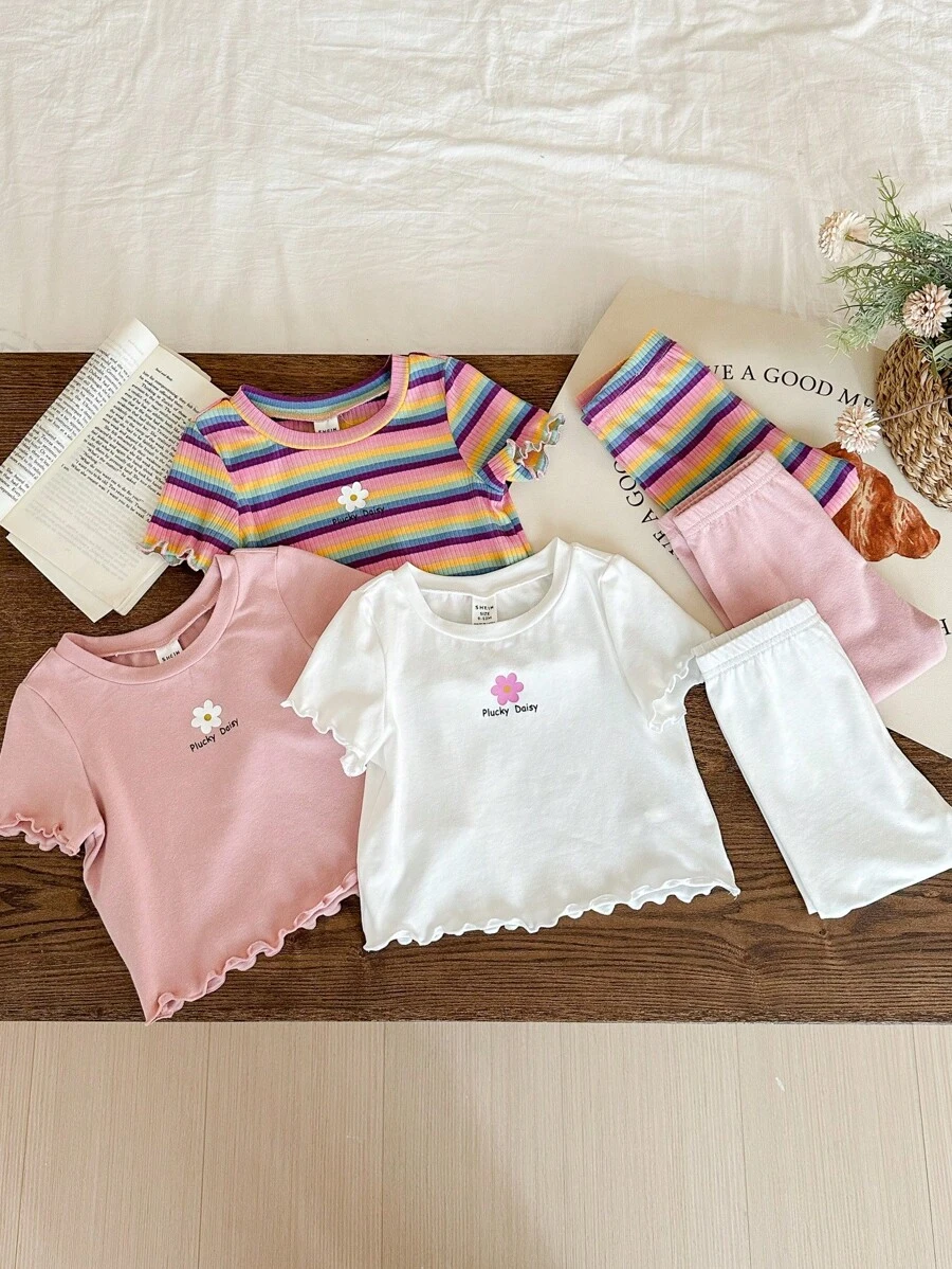 SHEIN Leap Crew 6pcs/Set Baby Girl Baby Girl Floral & Striped Ruffled Trim Short Sleeve Top & Pants Soft Pajama Sets - Multicolor - View 1
