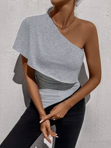 SHEIN LUNE Women's Asymmetrical Ruffle Hem Shirred Waist Elastic Knit T-Shirt, Versatile For Music Festival, Party, Date, Commuting, Fashion - Grey - View 6