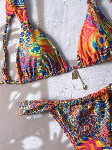 Swim Vcay Set di bikini da donna con stampa casuale, decorazioni in metallo, spalline sottili sexy, per l'estate