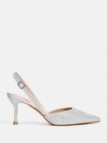 CUCCOO TILAWA Women's Silver Pointed Toe Mid Heel Rhinestone Decorated Closed Toe Sandals, Sexy Evening Party High Heels For Christmas - Silver - View 4