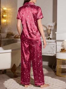 SHEIN Faux Silk Star Print Lapel Short Sleeve Pajama Set - Multicolor - View 2