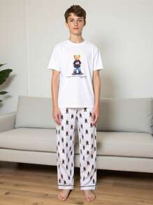 青少年男孩睡衣套装，白色底衣，可爱熊印花，圆领短袖上衣 + 宽松长裤，休闲家居服 - 彩色 - 查看 7