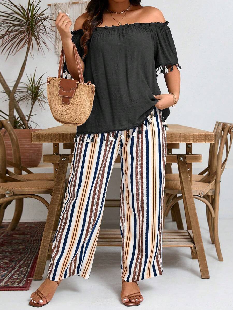 Plus Size Women Solid Color Off Shoulder Ruffle Short Sleeve Tassel Design Shirt And Striped Pants Casual 2 Pieces Set