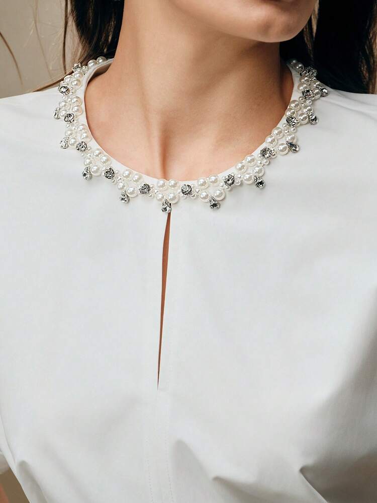 Elegant Luxury French Style Pearl And Rhinestone Decorated Slim Fit Short Dress, Graduation Outfit, Spring/Summer Outfits For Women, Valentine's Day, Date Night