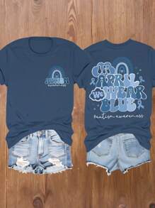 四月我们穿蓝色图案T恤女圆领短袖上衣特教工作者礼物适合春夏季 - 藏蓝色 - 查看 1