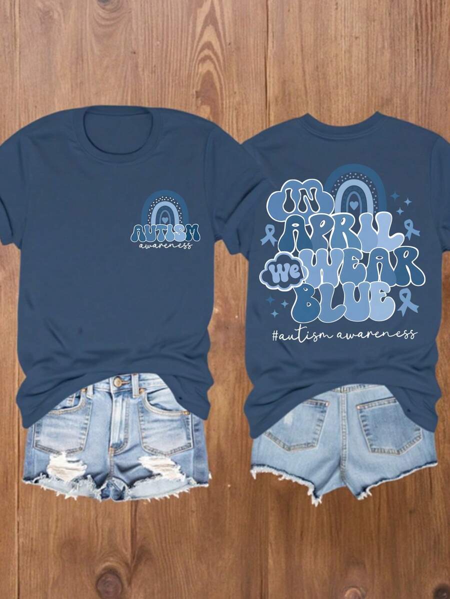 四月我们穿蓝色图案T恤女圆领短袖上衣特教工作者礼物适合春夏季 - 藏蓝色 - 查看 1