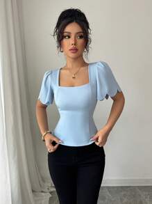 Elenzga 时尚法式纯色贝壳边泡泡袖短款上衣，优雅泡泡袖方领修身 T 恤 - 淺藍色 - 查看 6