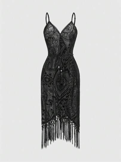 Goth Vintage Floral Flocked Patchwork Tassel Hem Slip Dress For Women