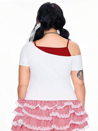 Kawaii Camiseta de manga corta con estampado de cerezas y hombros en contraste, top de verano lindo, talla grande