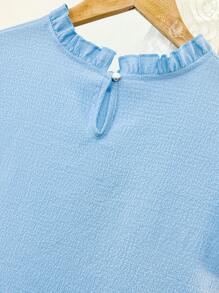 Elegant Blue Ruffle Sleeve Short Sleeve Blouse, Teen Girls Commute Top - Blue - View 4