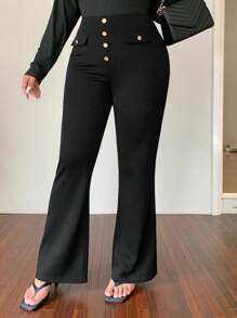Dazy Plus Stretchy Slim Fit 4 Buttons Decor Bell Bottom Solid Color Pants, All Season Business Women Attire Women Dress Pants - Black - View 3