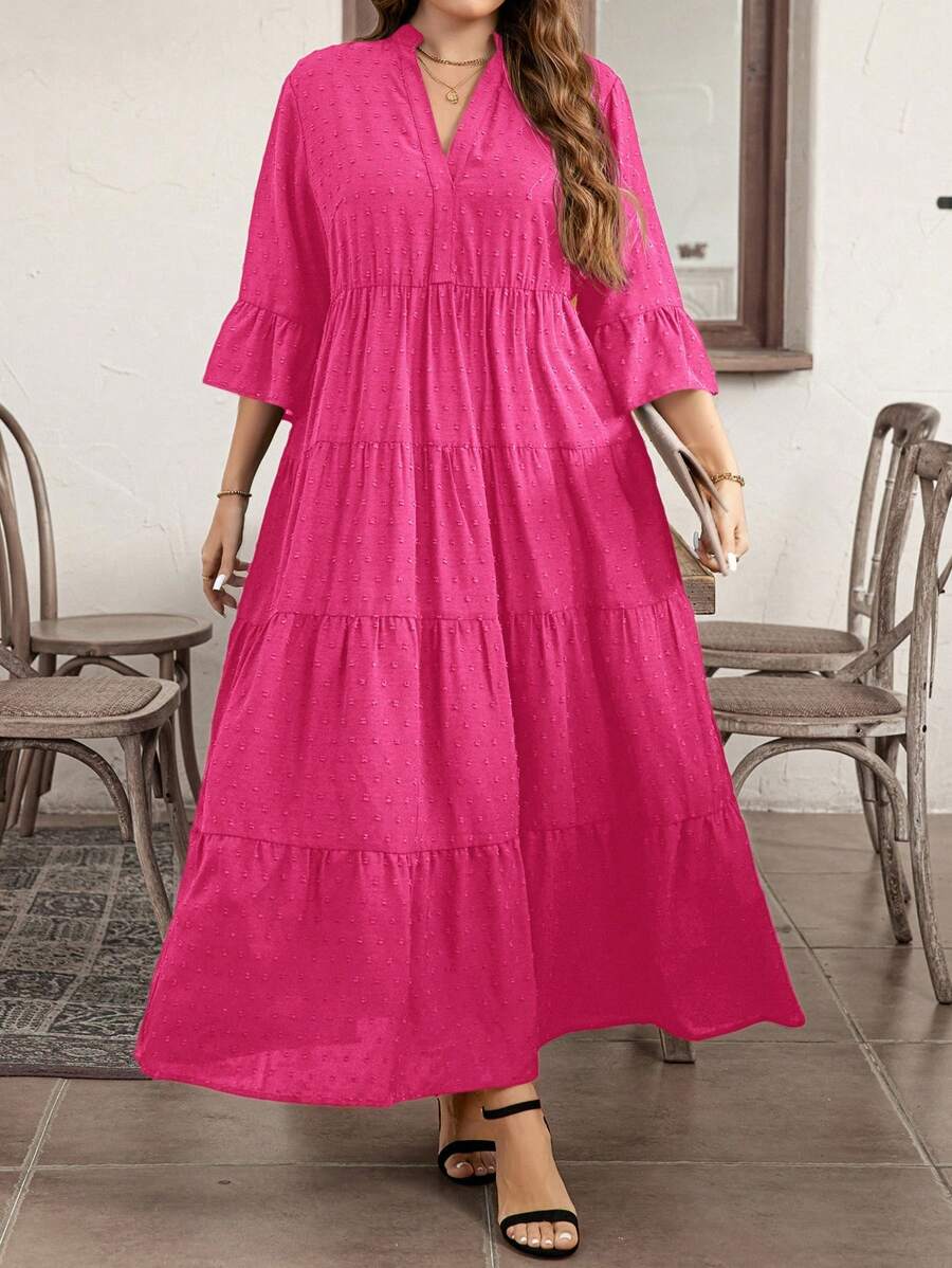 SHEIN LUNE Robe maxi en ligne A col V texturée de couleur unie décontractée grande taille
