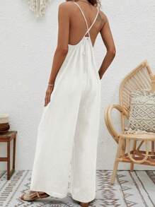 SHEIN VCAY Mono de piernas amplias con doble bolsillo para el verano y la playa - Beis - Ver 2