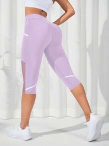 SHEIN Sports 女士拼接网眼健身 3/4 紧身裤、日常健身运动短裤 - 紫色 - 查看 2