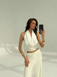 Aloruh Women's Sexy Solid Color Plunge Neck Backless Halter Top, Summer Wedding Guest Dress Women Bridal Shower Dress White  Elegant Modest Wedding Anniversary Bridesmaid Party Date Sexy,Rave Top - White - View 7