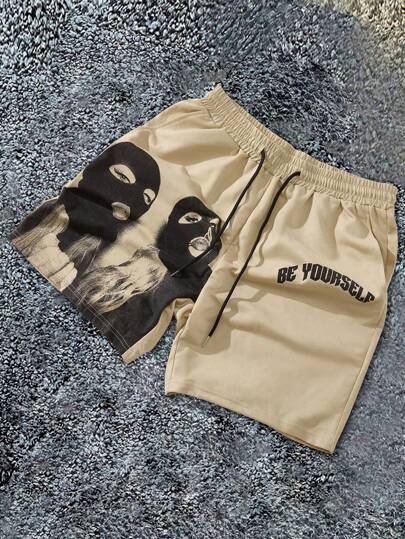 PAVTROS Manfinity Streetrush Men's Shorts One-Piece Set, Elastic Waistband, Functional Side Pocket Design, Loose Shorts, High Tolerance, "Be Yourself" Pattern With "Girl Head Cover " Pattern, Silhouette Style Photo Pattern Printing, Hot In Ins, Young Casual Sports Daily Commuting All-Match Vacation Back To School, The First Choice For Boyfriend And Husband Gifts, Couples Workout For Men Workout Shorts