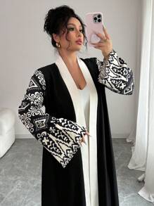 Calvaya New Waisted Design Sense Black & Apricot Color Block V-Neck Straight Fit Casual Cardigan, Elegant, With Monochrome Pattern, High-End