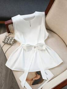 GlowEve CURVE Plus Size Women Sleeveless Self-Tie Waist Cinched Waist Bowknot Long Top Blouse, Elegant Slimming Summer, Suitable For St. Patrick's Day, Festival, Spring Break, Boho