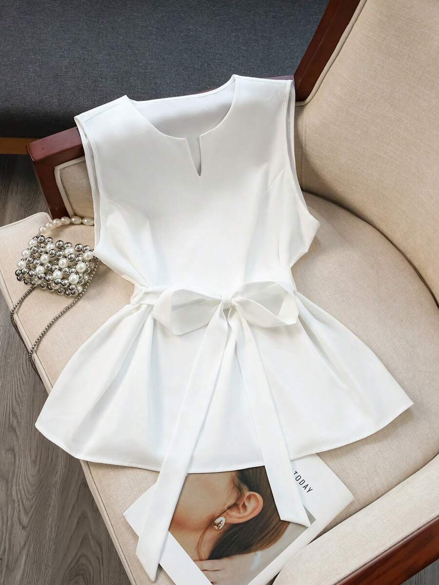 GlowEve CURVE Plus Size Women Sleeveless Self-Tie Waist Cinched Waist Bowknot Long Top Blouse, Elegant Slimming Summer, Suitable For St. Patrick's Day, Festival, Spring Break, Boho