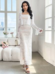 Modelyn 2pcs/Set Women Lace Long Sleeve Jacket & Cami Dress - White - View 2