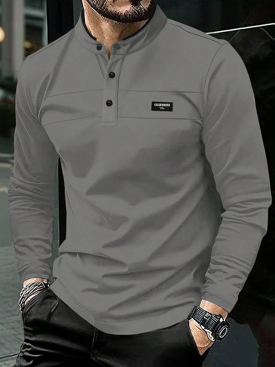 Manfinity Homme Camisa polo de manga larga de unicolor para hombres, minimalista y de moda para el verano - Gris - Ver 1