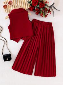 SHEIN Elladie kids Bộ 2 chiếc áo vest không tay màu đỏ thanh lịch cho bé gái và quần ống rộng, trang phục công sở trang trọng, trang nghiêm và thời trang - Màu Đỏ Sâu - Xem 2
