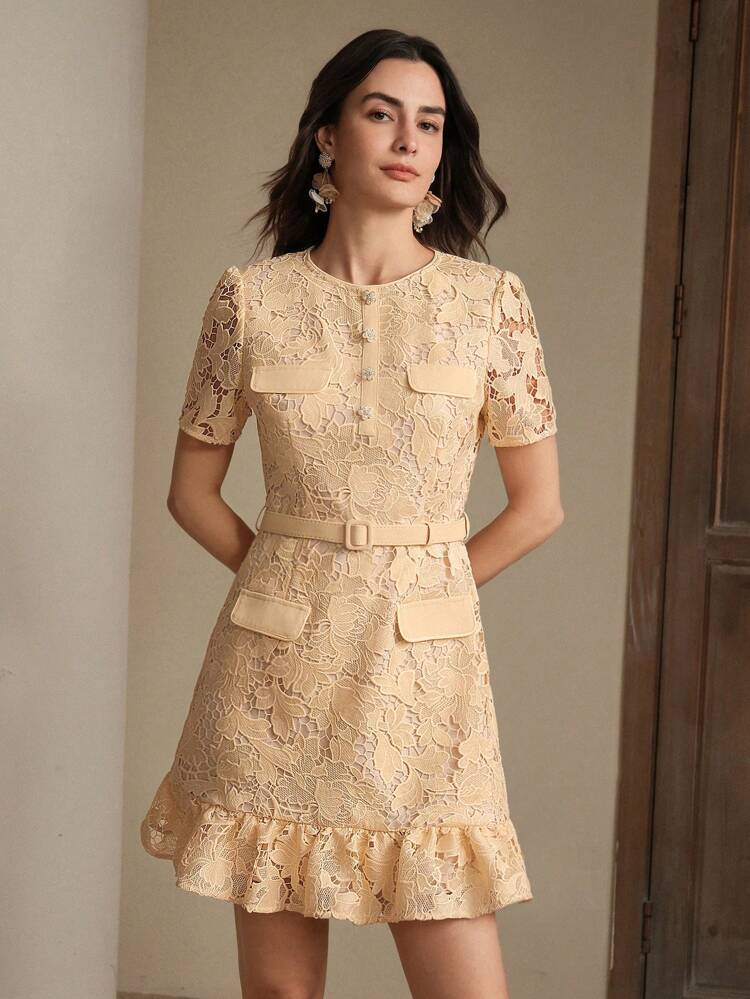 Festival, Holiday Elegant French Lace Embroidered Hollow Out Ruffle Trim Rhinestone Belt Slim Fit Cocktail Dress, Spring & Summer Outfits For Women