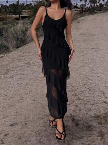 Mesh Insert Sexy Spaghetti Strap Summer Dress - Black - View 5