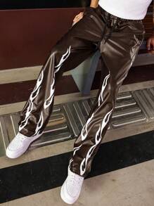 PAVTROS Men's Drawstring Waist Flame Print Straight Leg Casual Pants - Brown - View 4