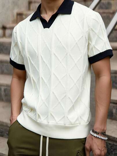 Manfinity Homme Men's Contrast Color Polo Collar Short Sleeve Casual Knit Top, Autumn Cream Men V-Collar Short Sleeve Knit Top