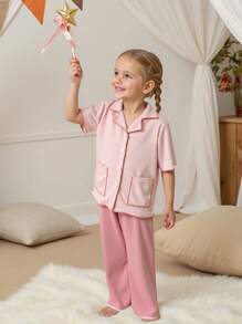 2 件套少女夏季休闲粉色短袖上衣和配套深粉色裤子睡衣/家居服套装假日旅行休闲夏装 - 彩色 - 查看 1