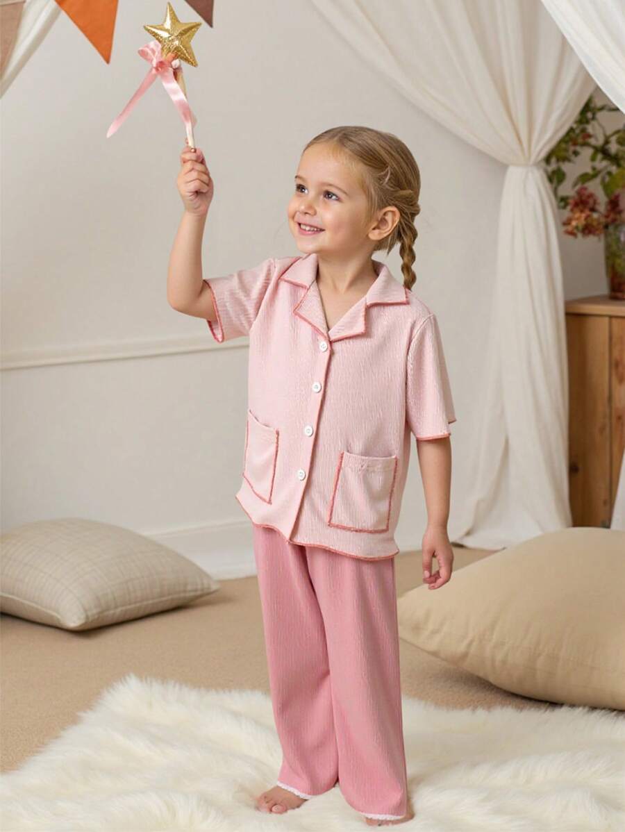 2 件套少女夏季休闲粉色短袖上衣和配套深粉色裤子睡衣/家居服套装假日旅行休闲夏装 - 彩色 - 查看 1