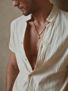 HIMLAND Bộ 2 áo sơ mi và quần dài tay ngắn cổ dệt ôm vừa vặn dành cho nam, phù hợp cho mùa hè, phong cách cổ điển, trang phục thoải mái - Màu be - Xem 6